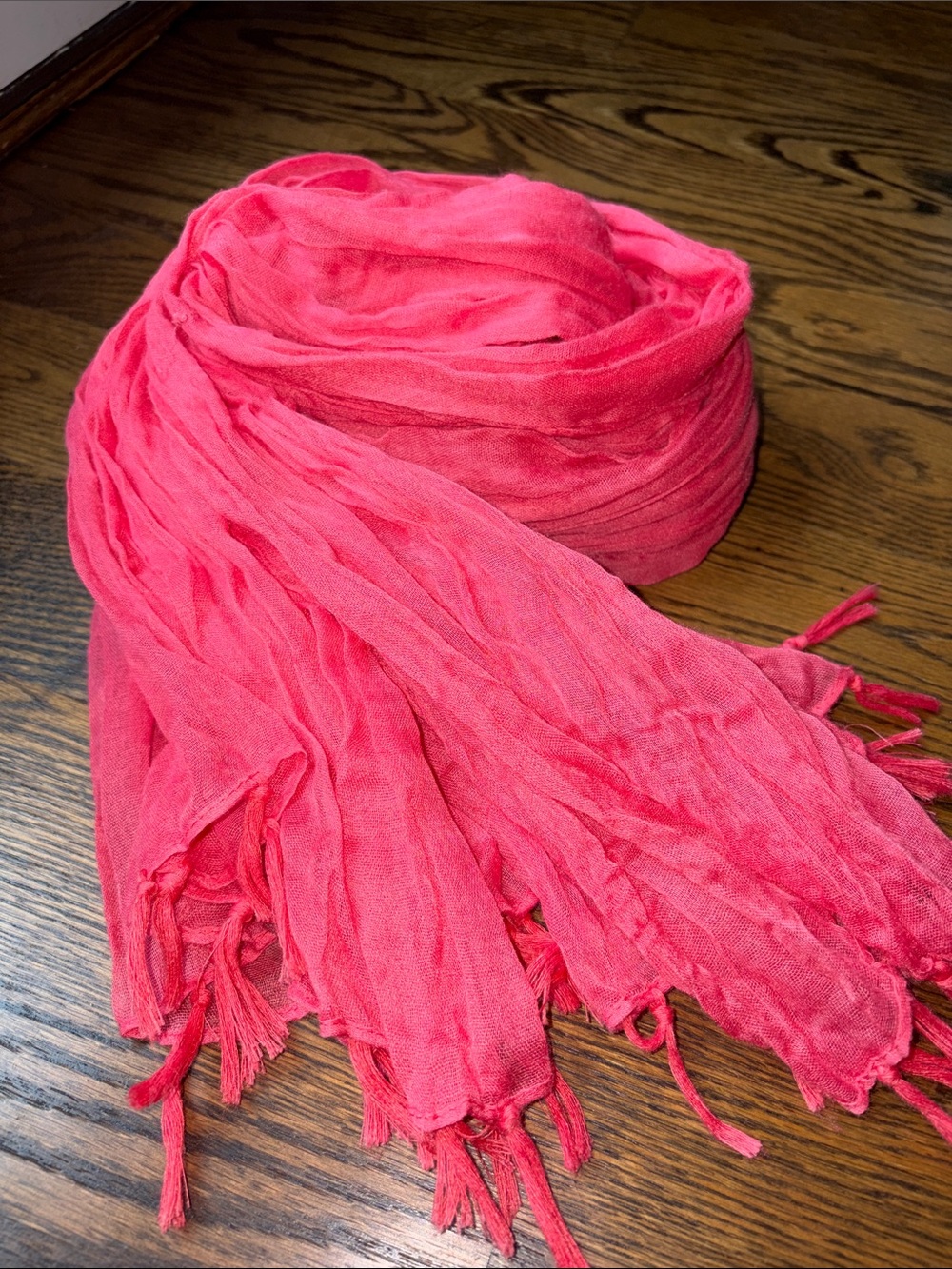 Lightweight Crinkled Gauze Fringe Scarf in Hot Pink